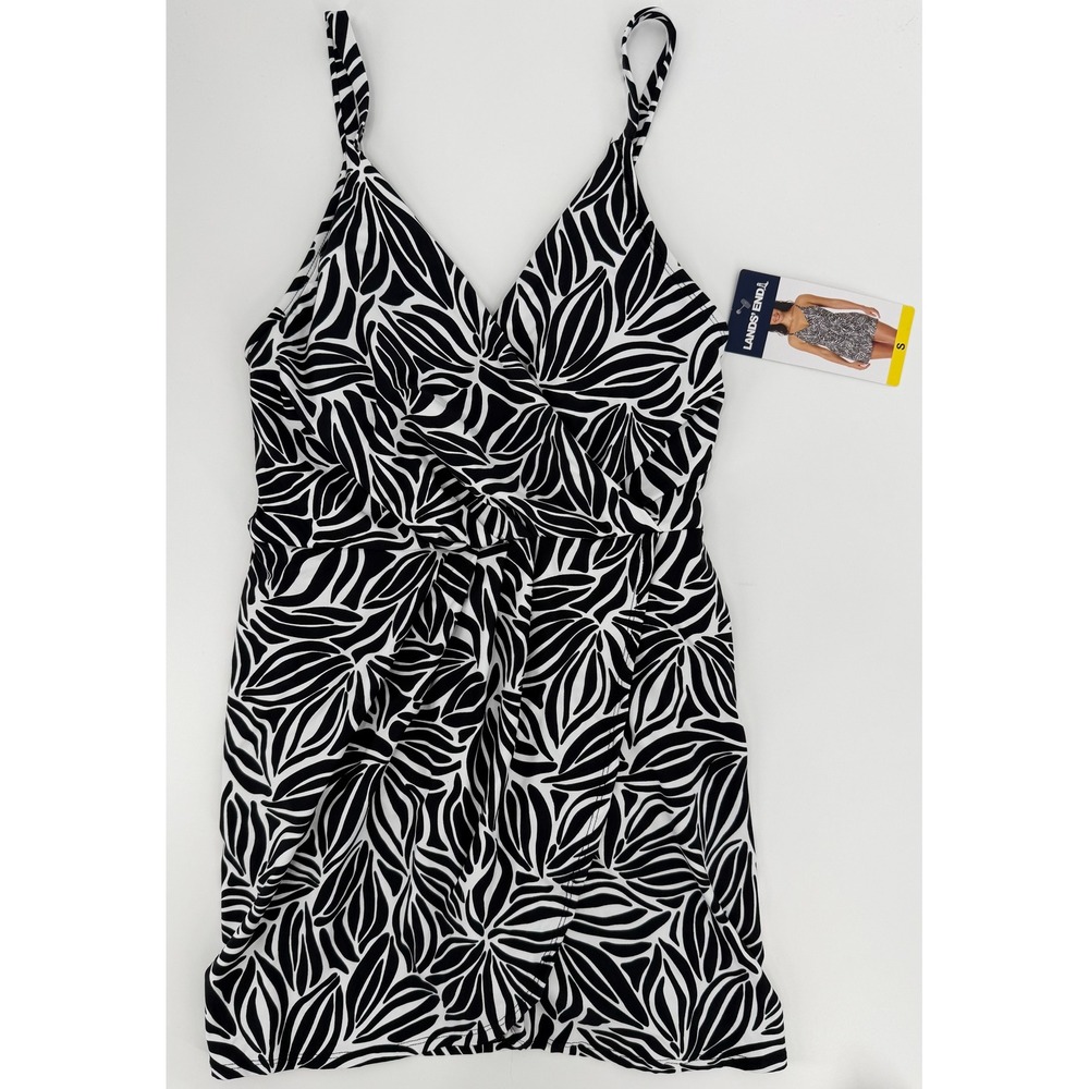 Lands End Womens Black White Leaf Print Swim Dress UPF 50+ Small 1837629